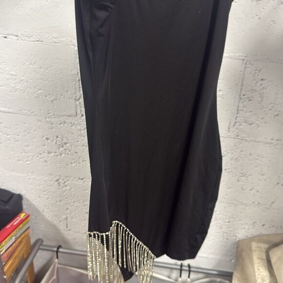 Elegant Black Dress Rhinestrone Fringe Detail Spaghetti Strap Mini Dress Medium - Picture 2 of 3